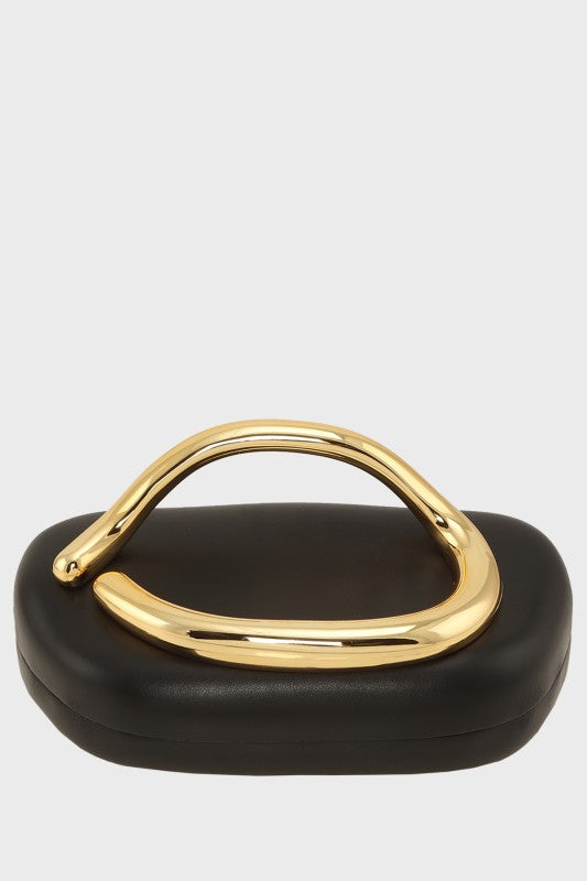 Compact Clutch Bag with Oversized Gold Handle in Snakeskin & Black