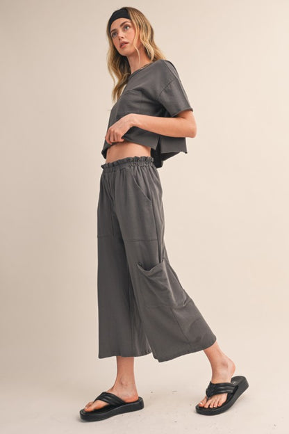 Charcoal French Terry Wide-Leg Pants
