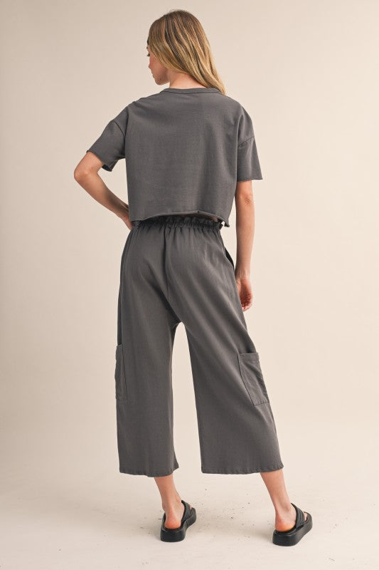 Charcoal French Terry Wide-Leg Pants