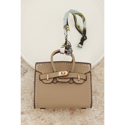 Textured Faux Leather Bag Charm with Silk Scarf in Taupe & Black