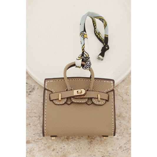 Textured Faux Leather Bag Charm with Silk Scarf in Taupe & Black