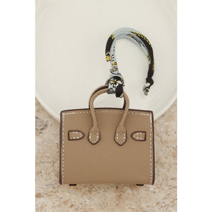 Textured Faux Leather Bag Charm with Silk Scarf in Taupe & Black