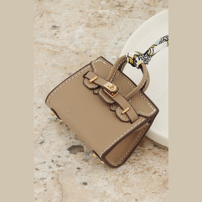 Textured Faux Leather Bag Charm with Silk Scarf in Taupe & Black