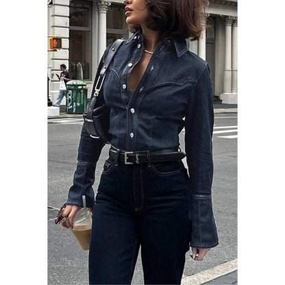 Classic Button-Up Denim Shirt: BLUE / L - Jaunts Boutique 