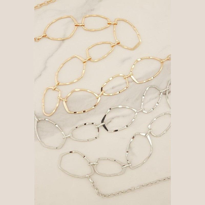 Hammered Organic Geometric Link Chain Belt in Silver & Gold