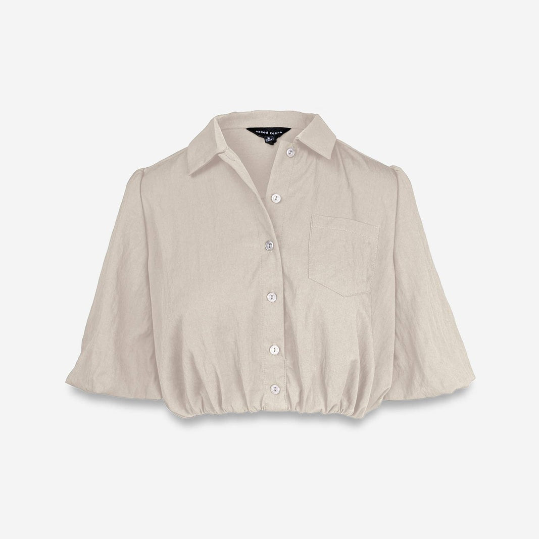 3/4 Sleeve Cropped Button-Up Blouse in Beige Tan - Jaunts Boutique 