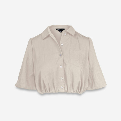 3/4 Sleeve Cropped Button-Up Blouse in Beige Tan - Jaunts Boutique 