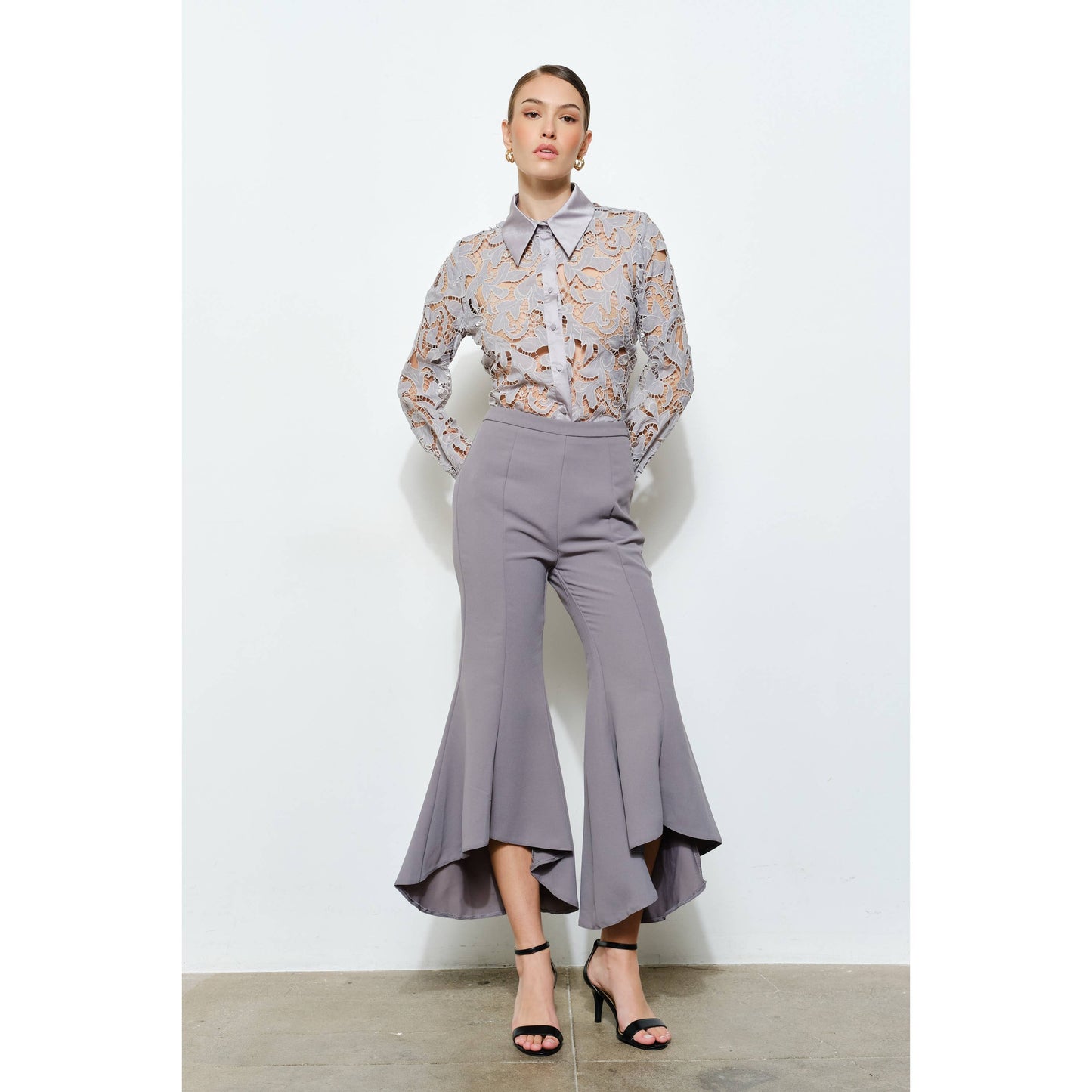 Luxe Satin Contrast Collar Lace Blouse in Ash - Luxe Collection - Jaunts Boutique 