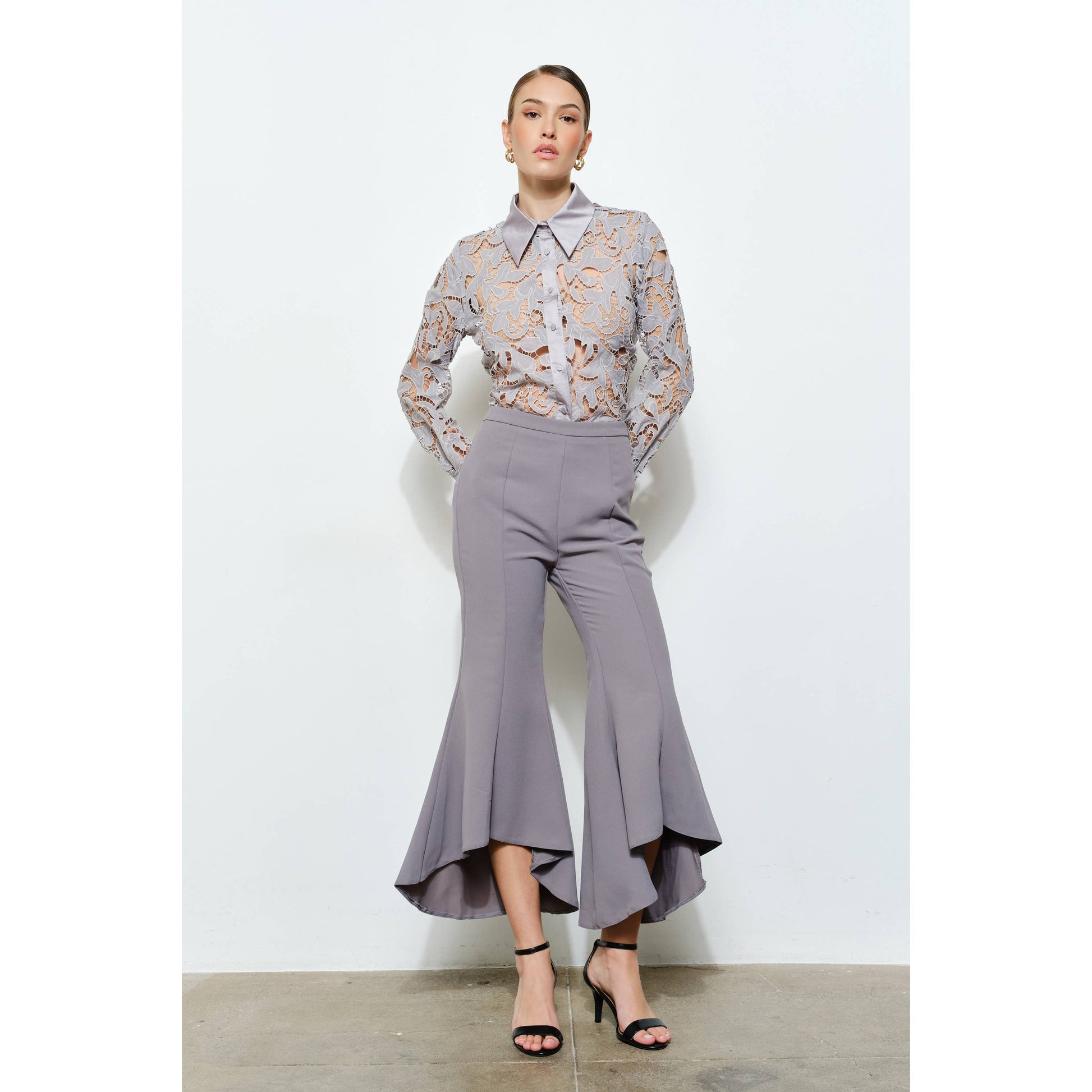 Luxe Satin Contrast Collar Lace Blouse in Ash - Luxe Collection - Jaunts Boutique 