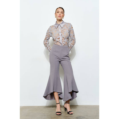 Luxe Satin Contrast Collar Lace Blouse in Ash - Luxe Collection - Jaunts Boutique 