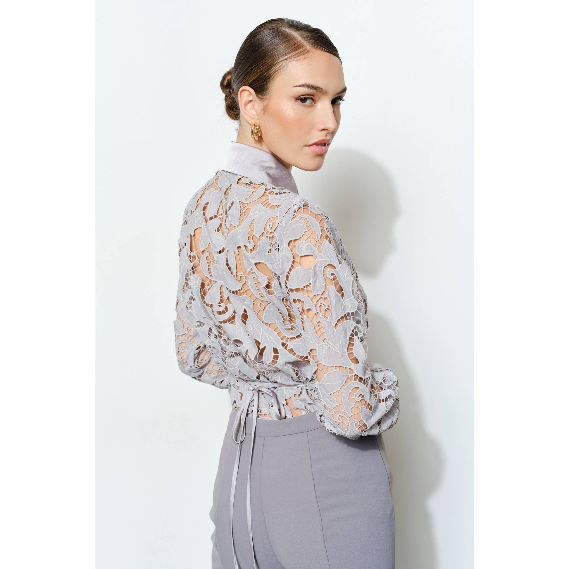 Luxe Satin Contrast Collar Lace Blouse in Ash - Luxe Collection - Jaunts Boutique 