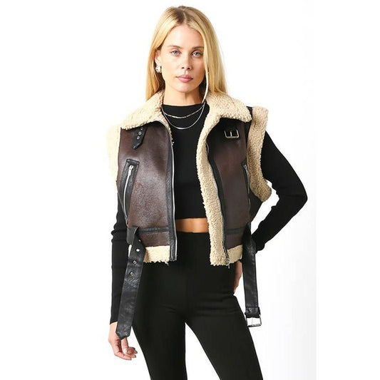Olivia Shearling Vest in Mocha Brown with Cream Shearling - Jaunts Boutique 