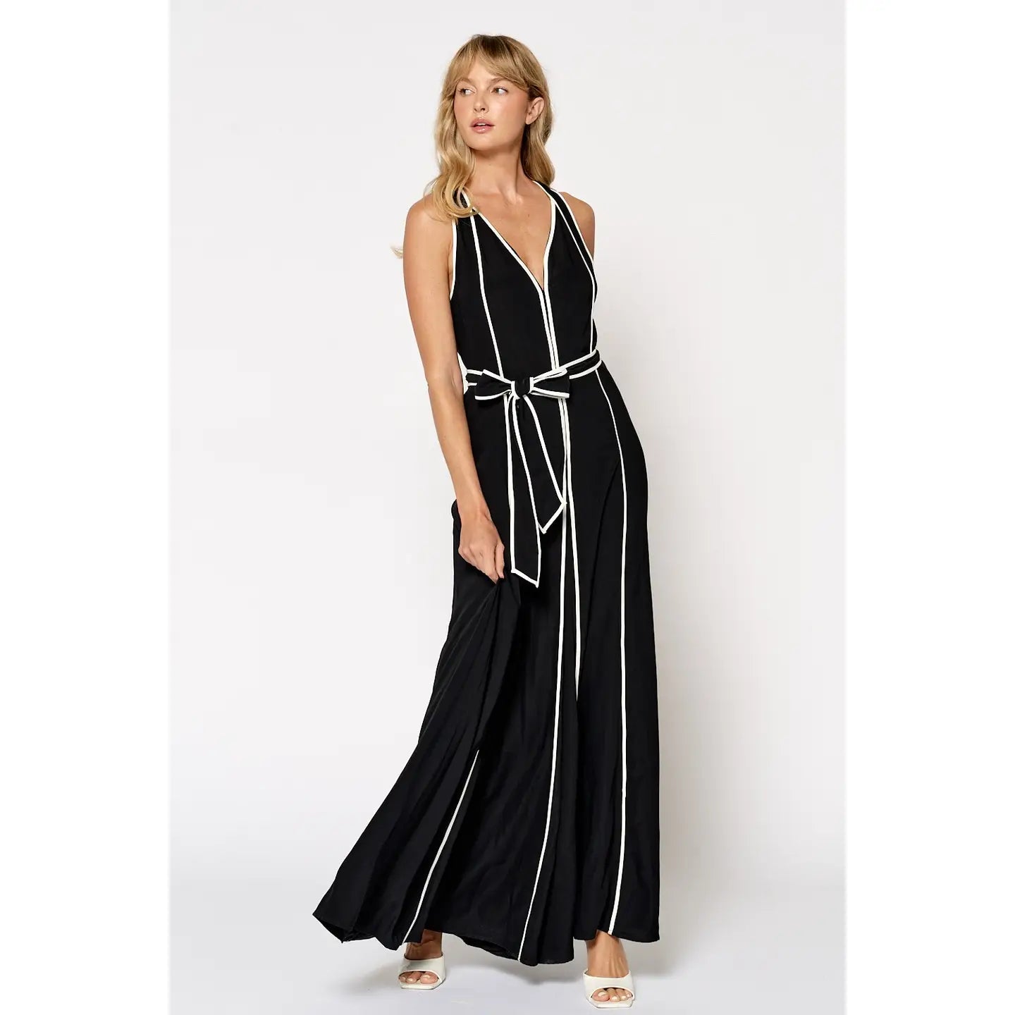 Lalavon Contrast Binding Detailed Wide Leg Jumpsuit in Black - White