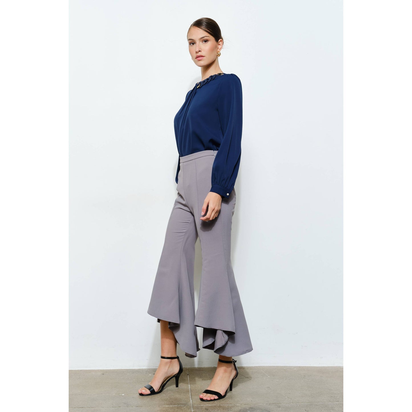 Draped Ruffle High-Low Flare Pants in Grey - Jaunts Boutique 