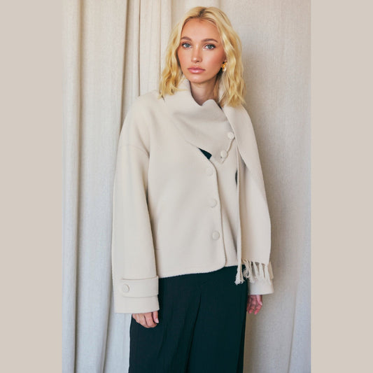Scarf V-Neck Double-Sided Coat In Cream