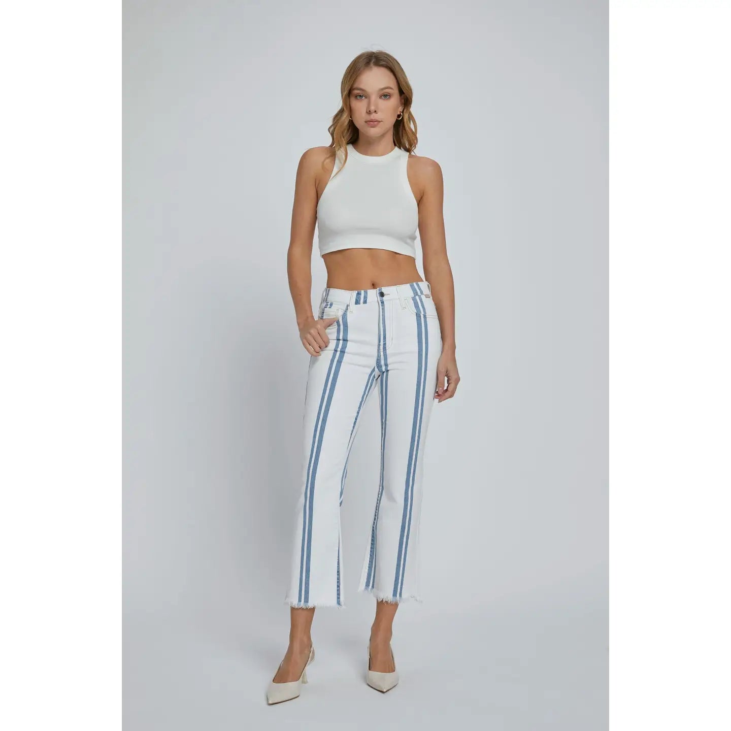 Striped High Rise Crop Flare Denim with Frayed Hem in White & Light Denim