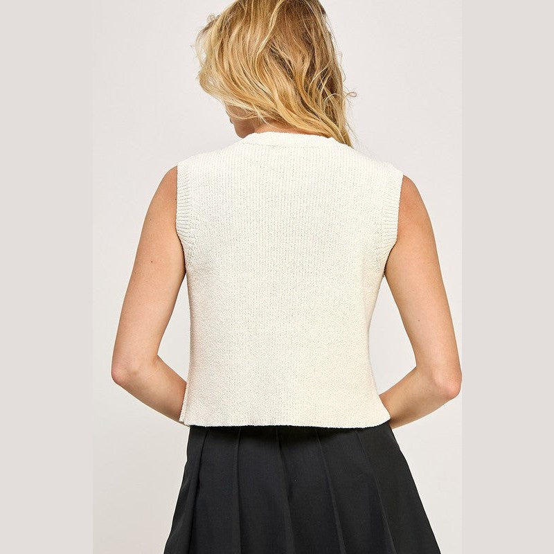 Button Down Waistcoat Sleeveless Sweater in Off White and Navy