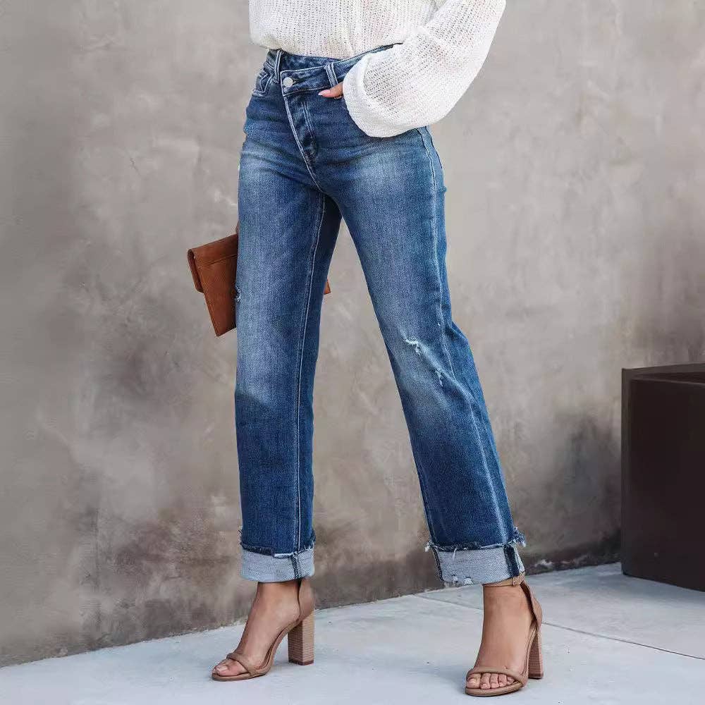High-Waist Distressed Straight-Leg Denim Pants - Jaunts Boutique 