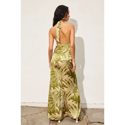 Dress Forum Tropical Print Pull-on Wide Leg Pants in Calliste Green