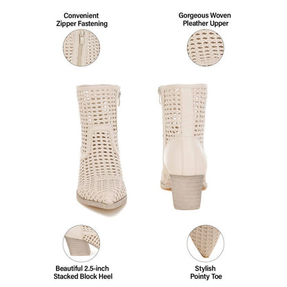 Artisole Woven Pleather Block Heel Booties - Off-White
