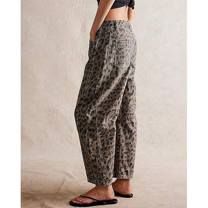 Midi Rise Wide Leg Barrel Denim Pants in Leopard Print - Jaunts Boutique 
