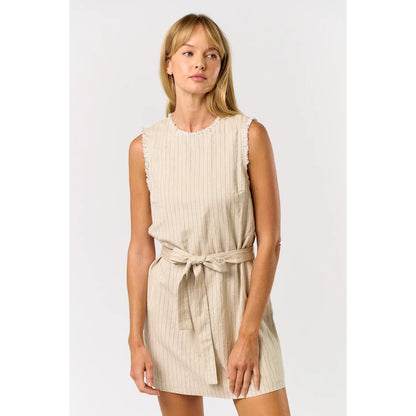 Fringe Hem Waist Tie Stripe Mini Dress in Oatmeal