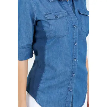 Stretch Side Rib Denim Button Down Shirt in Medium Wash