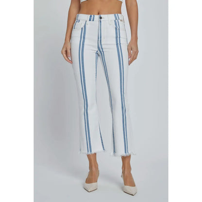 Striped High Rise Crop Flare Denim with Frayed Hem in White & Light Denim