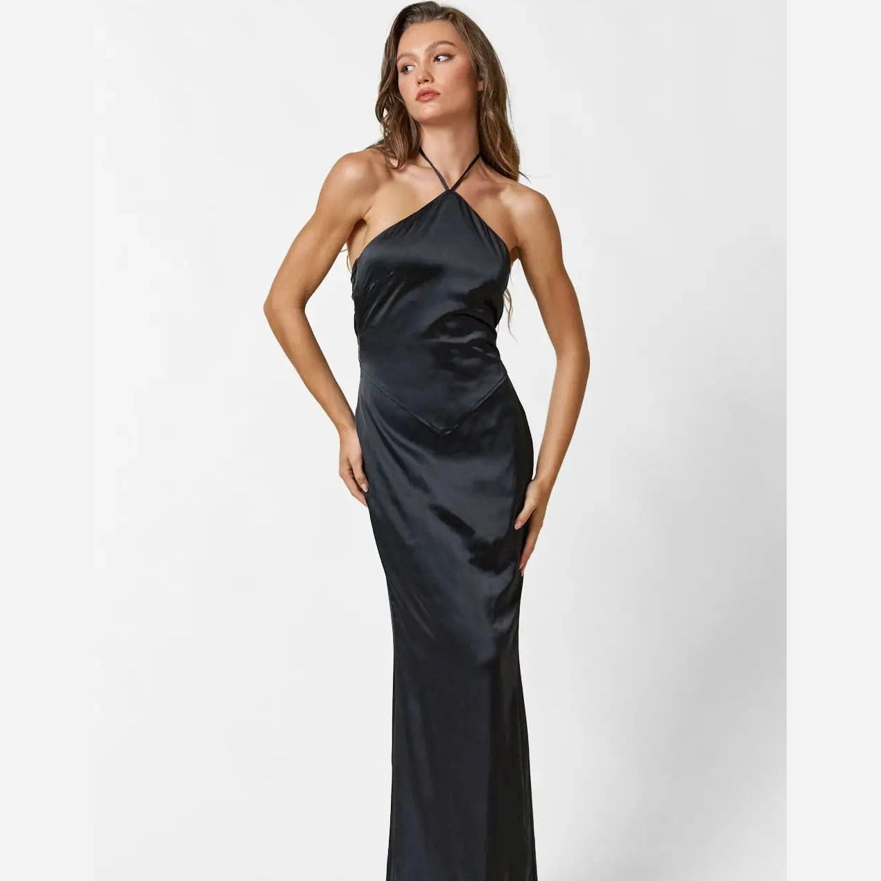 Satin Halter Neck Back Tie Dress in Black
