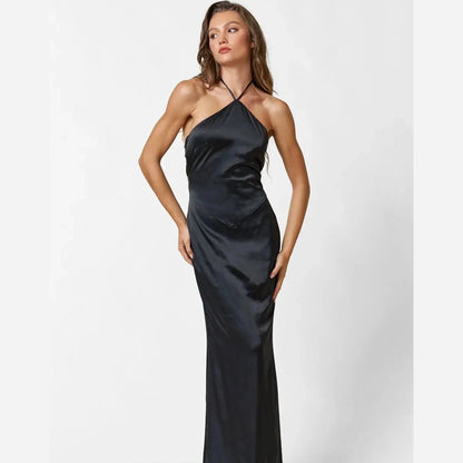 Satin Halter Neck Back Tie Dress in Black - Jaunts Boutique 