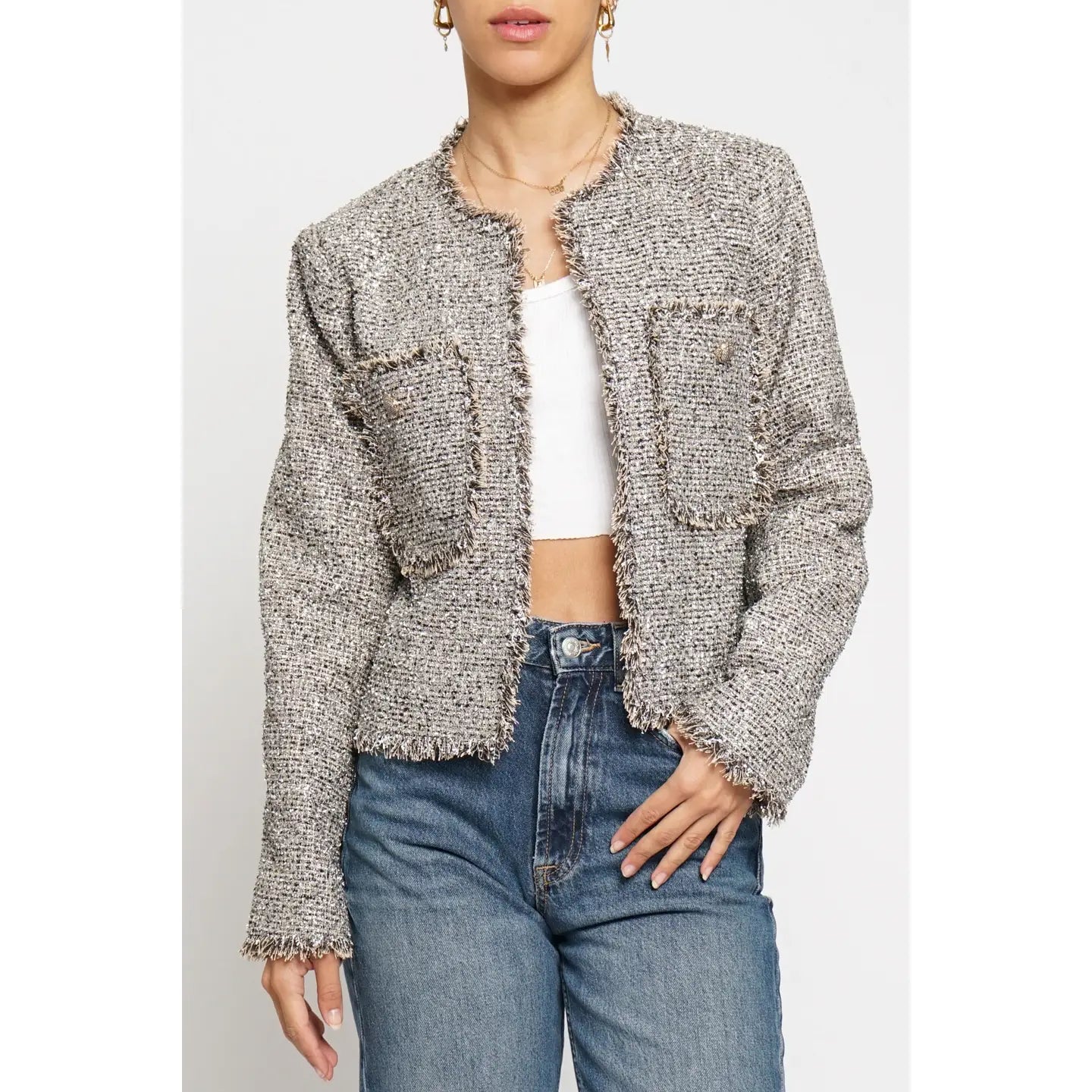 Lurex Boucle Short Blazer Jacket in Silver - Jaunts Boutique 