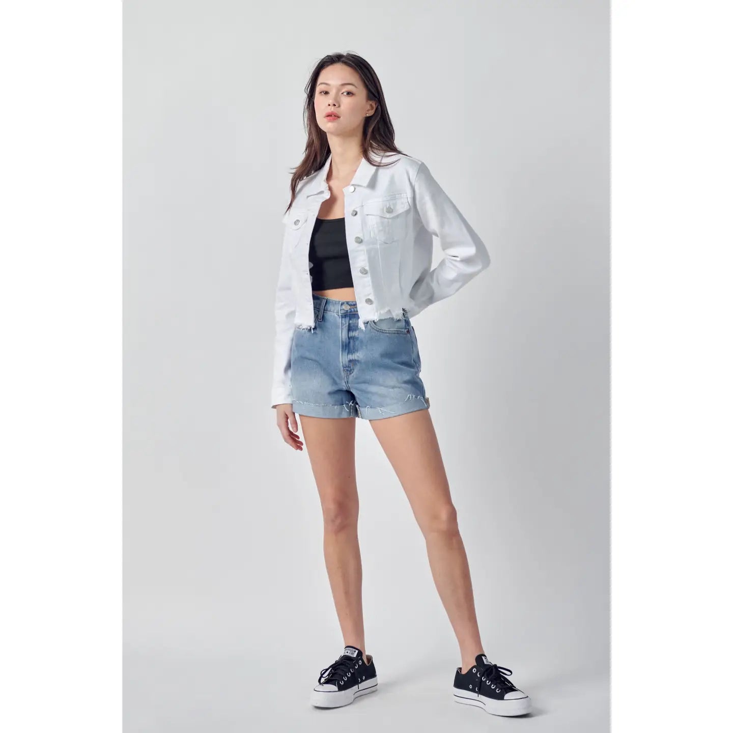 Uneven White Denim Frayed Jacket in White