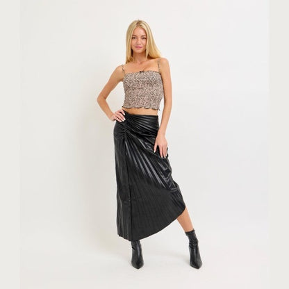 Vegan Leather Asymmetrical Skirt with Starburst Pleat Detail - Black