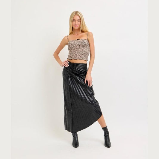 Vegan Leather Asymmetrical Skirt with Starburst Pleat Detail - Black
