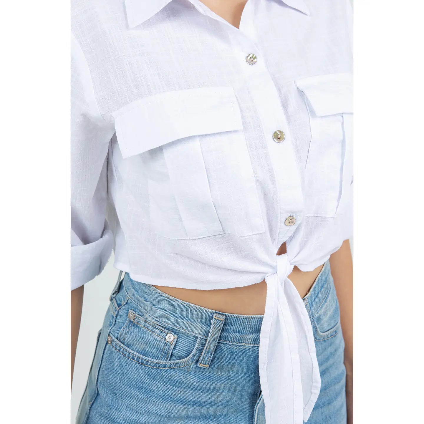 Flap Pocket Tie Front Knot Cropped Shirt in White