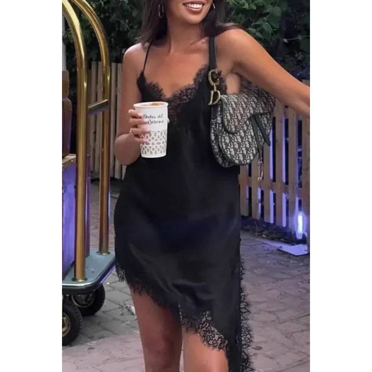 Lace-Trim Asymmetrical Cami Top - Mini Dress in Black - Jaunts Boutique 