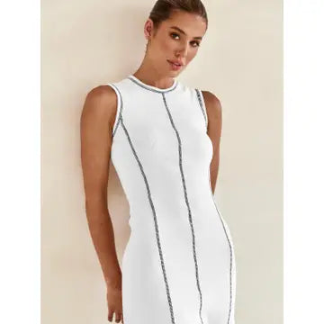 PRE-ORDER Stitch Ribbed Knit Midi Tank Dress in White and Brown - Jaunts Boutique 