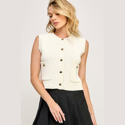 Button Down Waistcoat Sleeveless Sweater in Off White and Navy