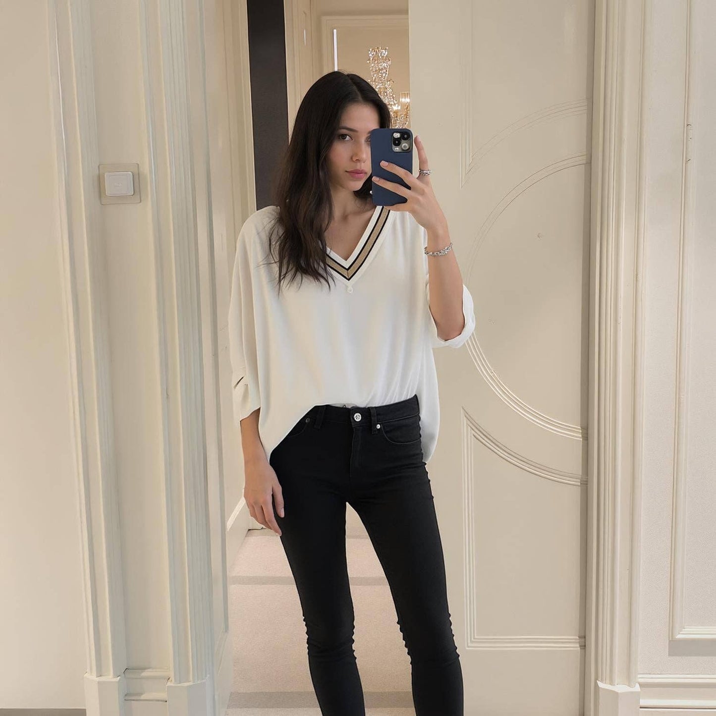 Femme V-Neck Chiffon Blouse Top In White