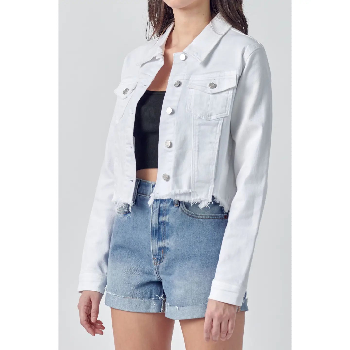 Uneven White Denim Frayed Jacket in White