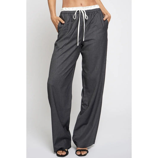 Satin Contrast Drawstring Pinstripe Pants in Charcoal - Jaunts Boutique 