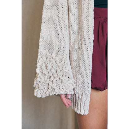 Long Sweater Cardigan with Floral Sleeve Detail - Cream