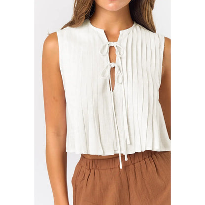 Lalavon Sleeveless Front Tie Pleated Blouse Top in White