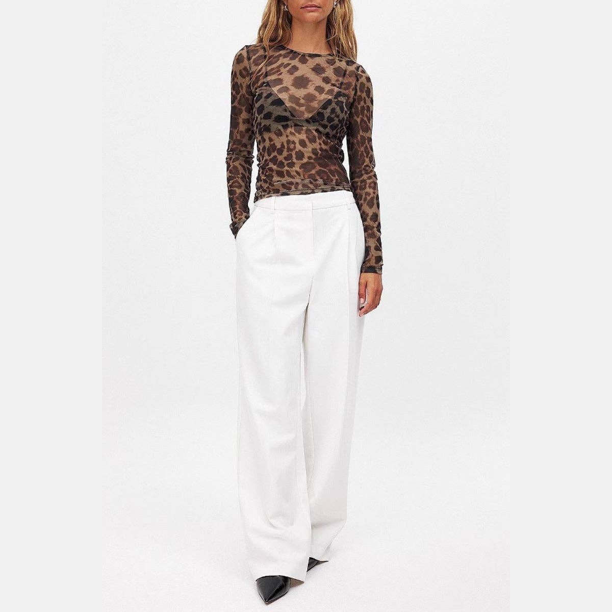 Leopard Print Mesh Long Sleeve Top: LEOPARD / S - Jaunts Boutique 