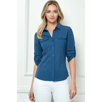 Button Down Side Rib  Stretch Shirt in White and Blue