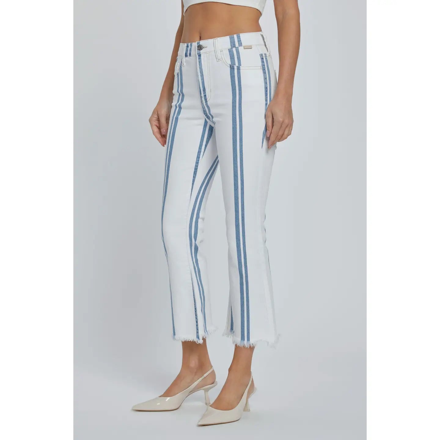 Striped High Rise Crop Flare Denim with Frayed Hem in White & Light Denim