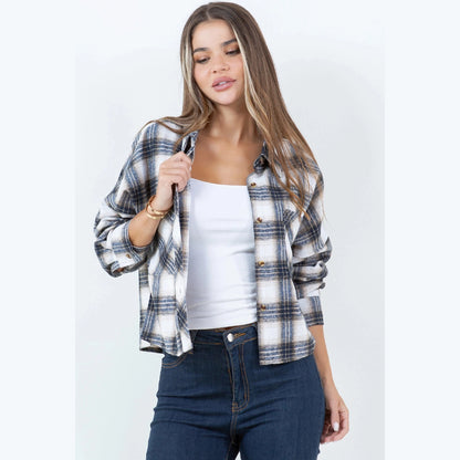 Cropped Flannel Plaid Button Down Shirt/Shacket in Maya