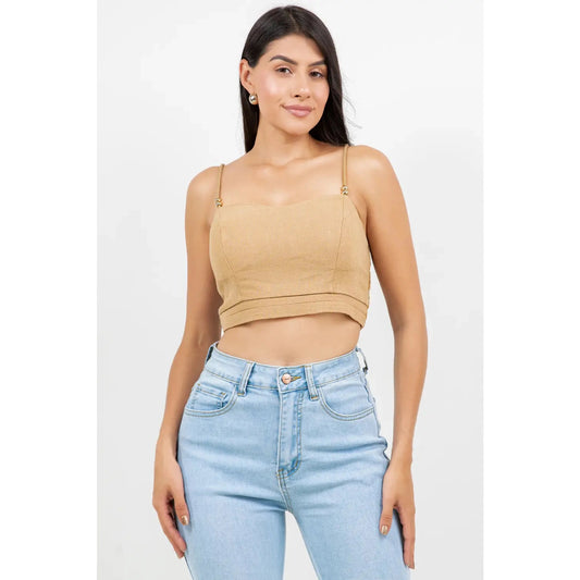 Linen Blend Rope Strap Gold Ring Fitted Bralette Cami Crop Top - Linen - Khaki