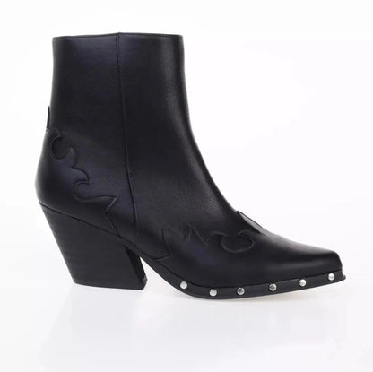 Short Cowboy-Style Mid-Heel Pointy Boot in Black Synthetic Leather - Jaunts Boutique 