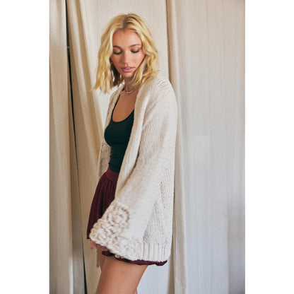 Long Sweater Cardigan with Floral Sleeve Detail - Cream